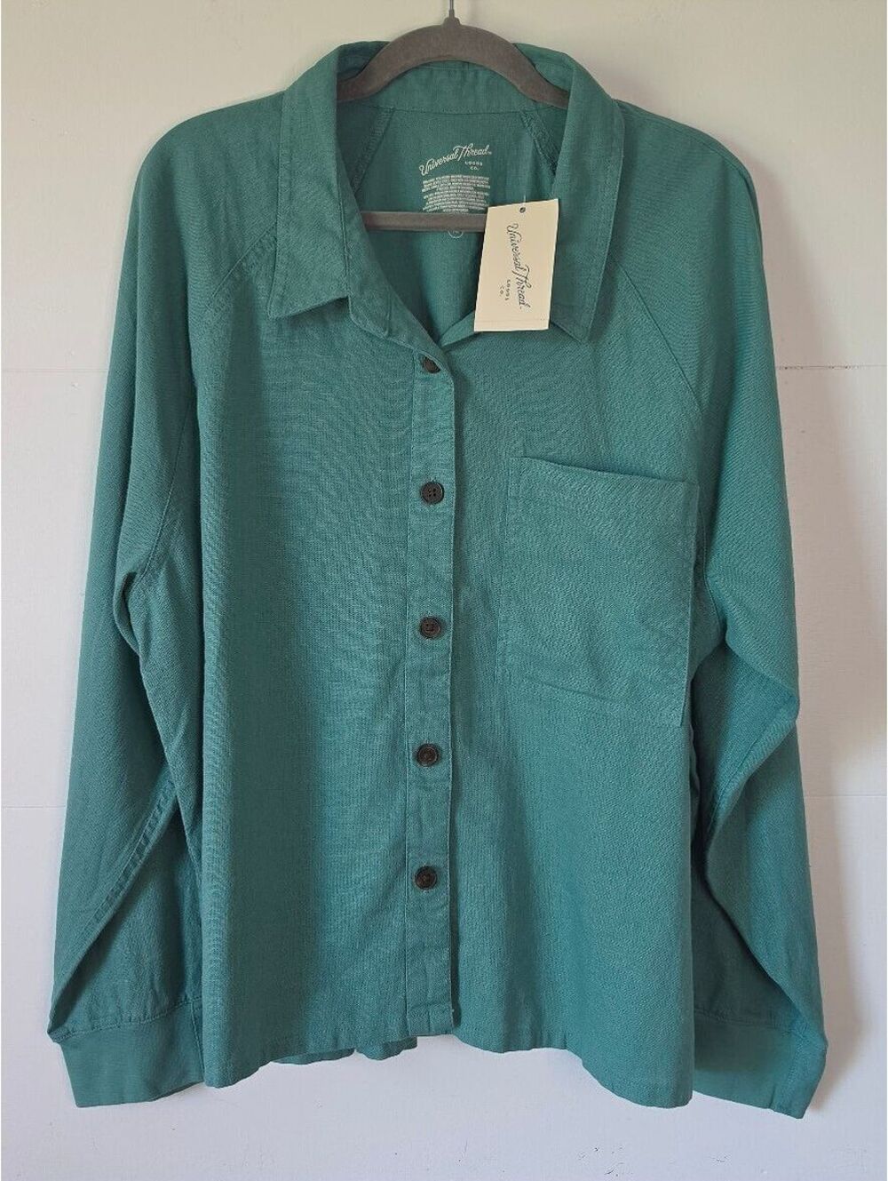 Universal Thread Women's Relaxed Fit Linen Blend Button-Down – Teal / Grn, Sz XL